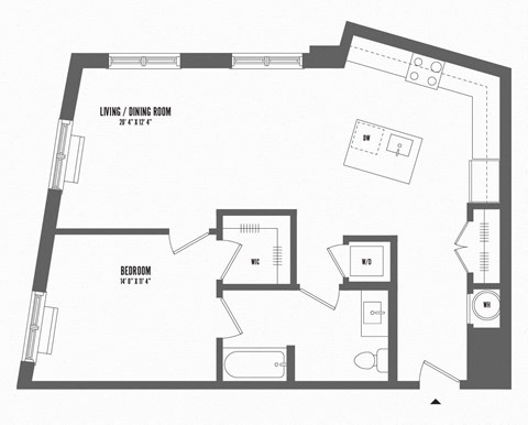 Floor plan for 1 bed, 1 bath, 865 sqft